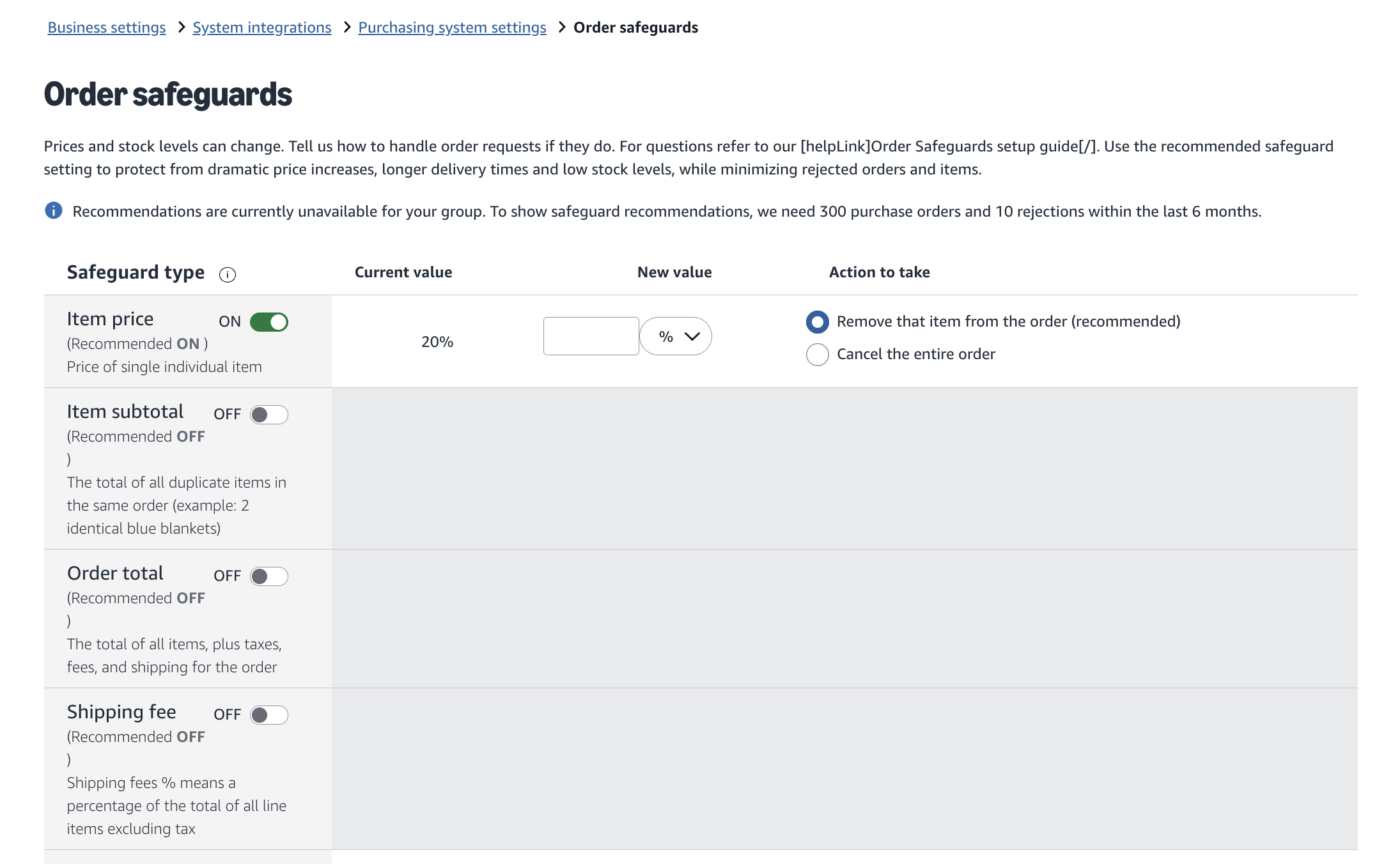  Protecciones de pedidos en la configuraci&oacute;n del sistema de compras