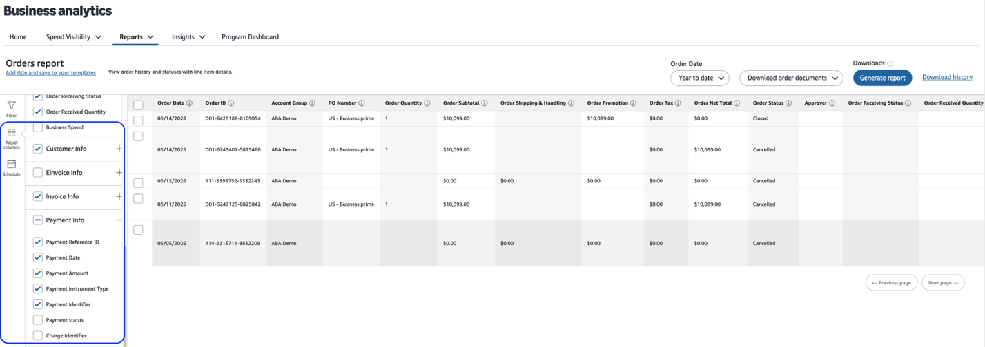  Informe de pedidos de Anal&iacute;tica de Amazon Business con el panel Ajustar columnas abierto para habilitar los campos de identificador de pago.
