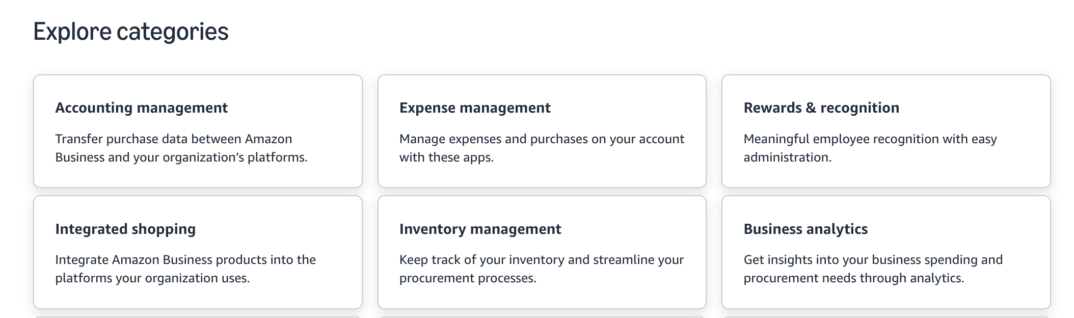  Cuadr&iacute;cula de categor&iacute;as de exploraci&oacute;n del App Center que muestra categor&iacute;as como Administraci&oacute;n de cuentas, Gesti&oacute;n de gastos y Anal&iacute;tica de Amazon Business.