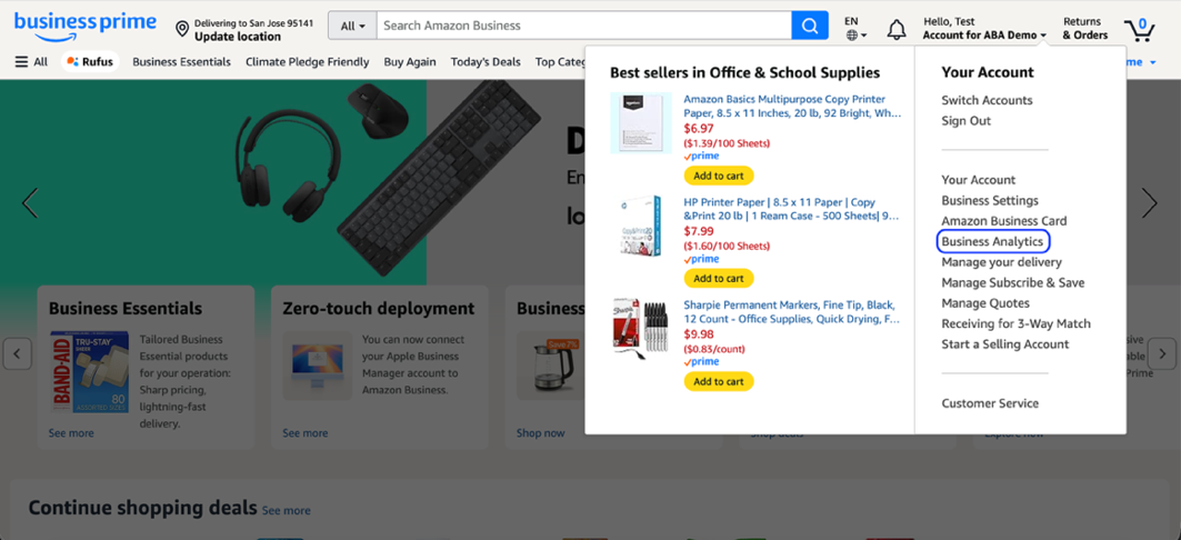  Cuenta Amazon Business con el men&uacute; desplegable Tu cuenta abierto y Anal&iacute;tica de Business seleccionado, que muestra la p&aacute;gina de inicio de Anal&iacute;tica de Amazon Business.