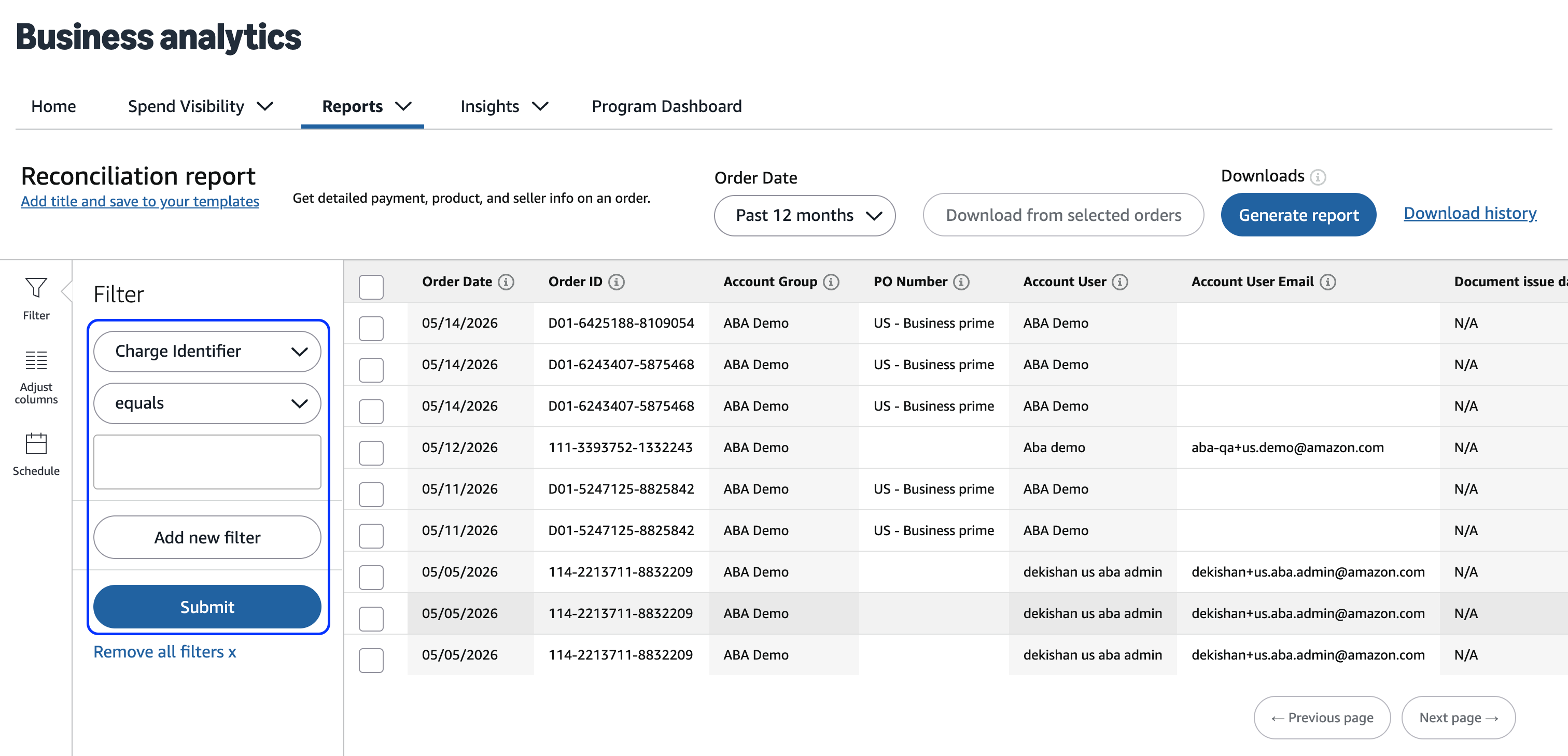  Informe de conciliaci&oacute;n con el panel de filtros abierto, configurado para filtrar por identificador de cargos y que muestra las transacciones coincidentes.