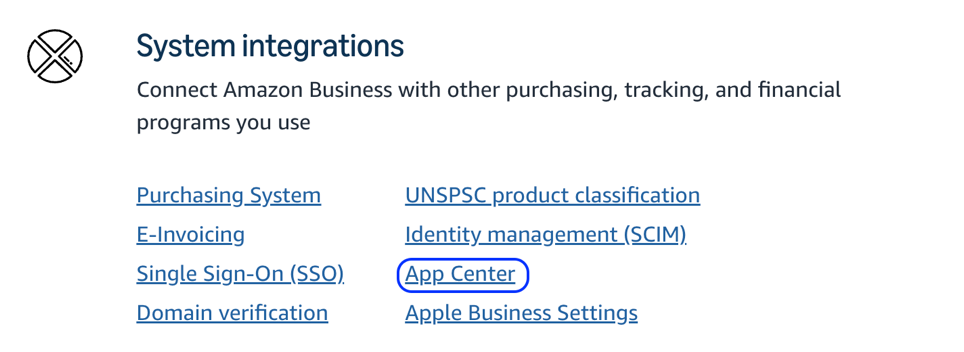  Panel de integraciones del sistema en Configuraci&oacute;n del negocio con la opci&oacute;n App Center resaltada.