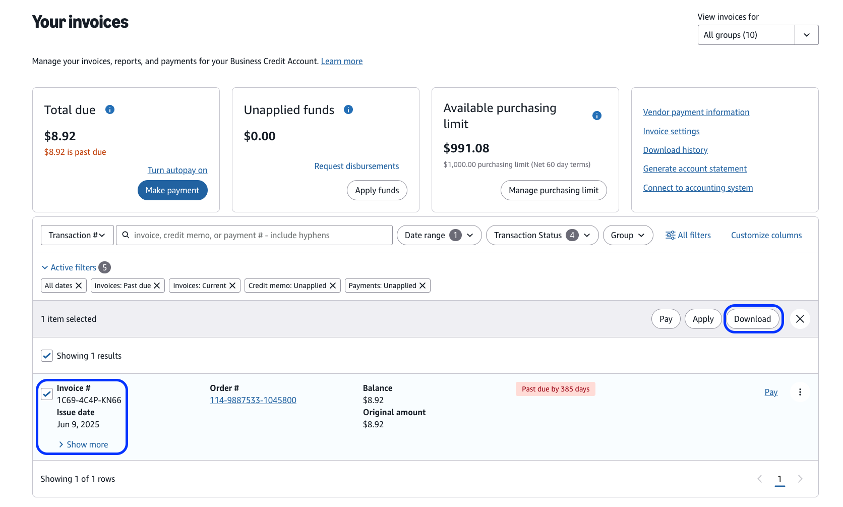  Tu p&aacute;gina de facturas muestra el total adeudado, los fondos sin utilizar y el l&iacute;mite de compra disponible, con las facturas seleccionadas y la opci&oacute;n Descargar resaltada.