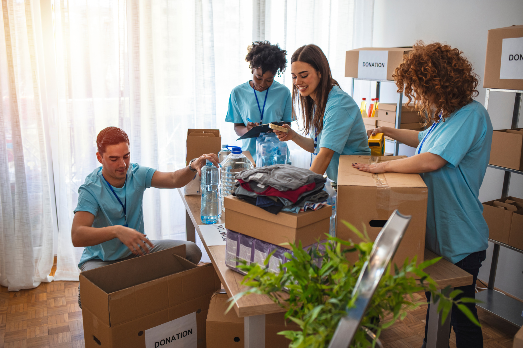 volunteers packing boxes